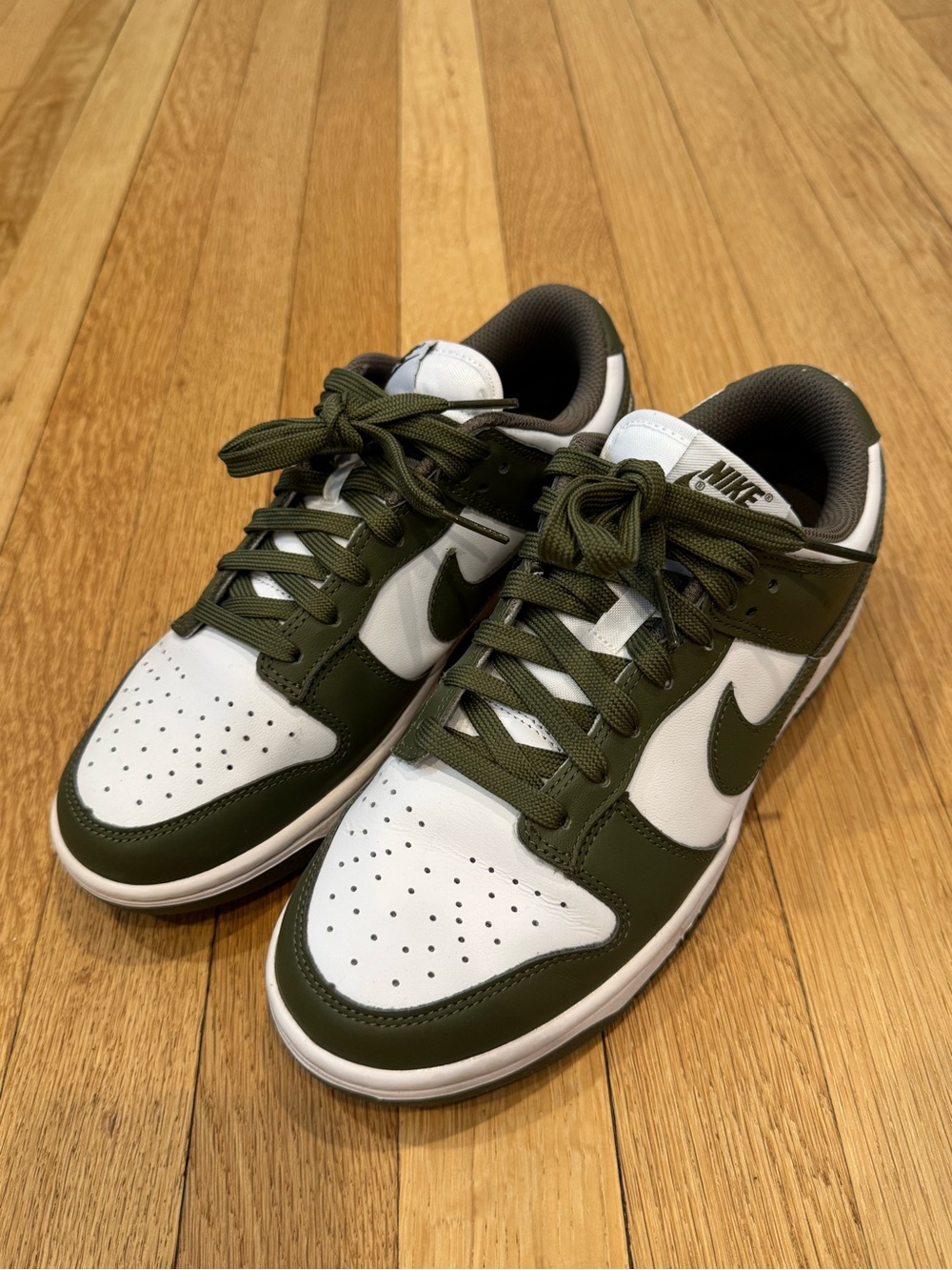 Nike DUNKS in White and Olive Green